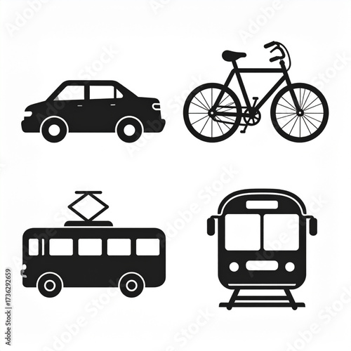 A collection of four black silhouette icons representing different modes of transportation: a car, a bicycle, a tram, and a train.