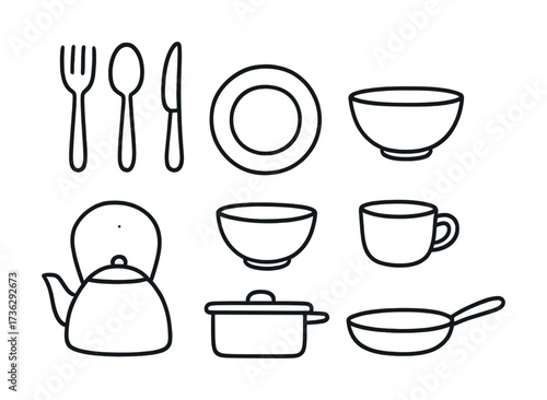 Minimalist tableware line art illustrations of kitchen utensils and dishware