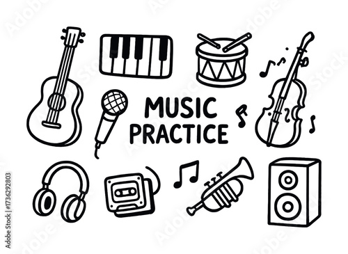 Collection of musical instruments for practice including guitar, drum, violin, and trumpet