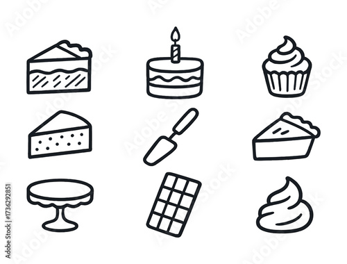 Dessert outline illustrations: cake slices, cupcakes, and more