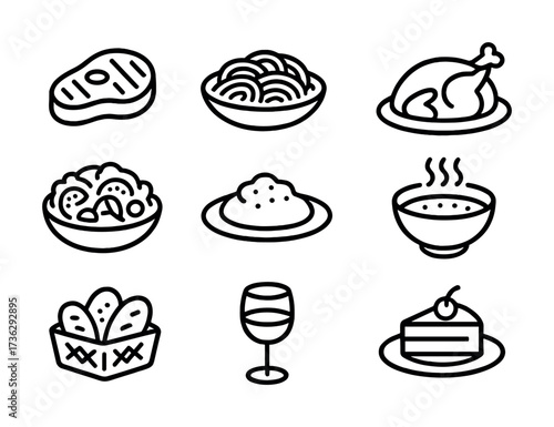 Icon set of delicious food items including steak pasta and dessert