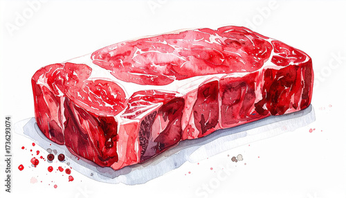 霜降り牛ステーキ肉の水彩イラスト – Watercolor Illustration of Raw Beef Steak with Marbling