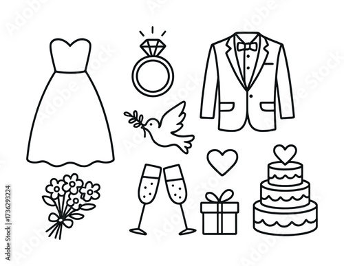 Wedding icons: dress, ring, dove, suit, cake, flowers, gift, hearts, glasses