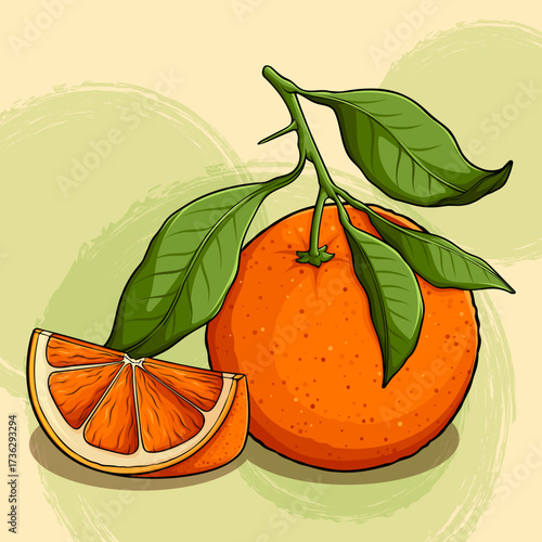 Hand Drawn Citrus Illustration, Juicy Slice of Orange Vector Art, Fresh Orange Fruit with Green Leaves