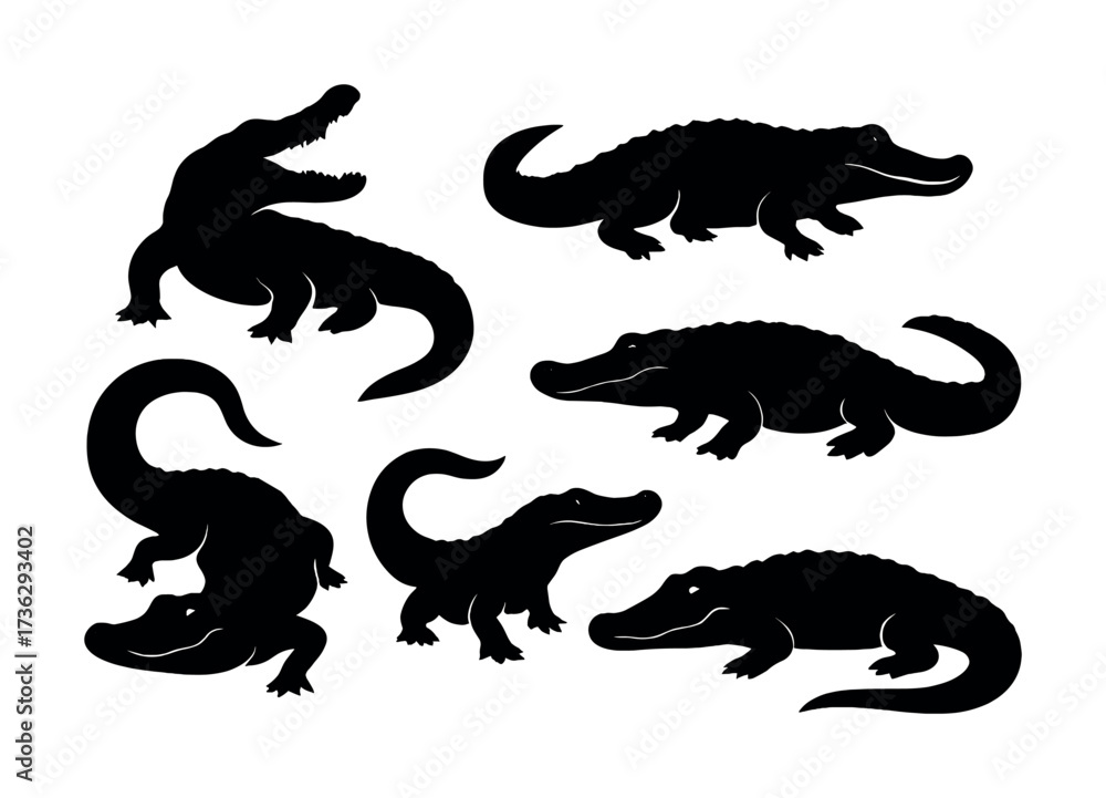 Naklejka premium Silhouette collection of crocodiles and alligators in various poses