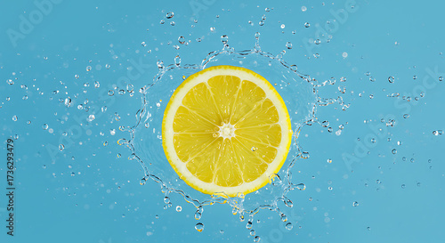 lemon slice floating with splashes of water