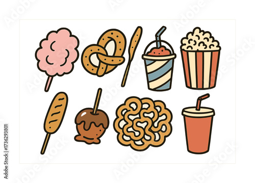 Assorted festival snacks: cotton candy, pretzels, popcorn, slushies, corn dogs, caramel apples, and sodas