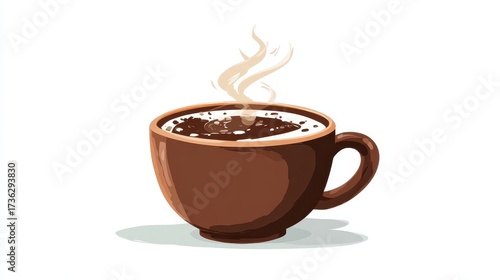 Warm Brown Mug of Freshly Brewed Steaming Coffee with Creamy Foam, Isolated Vector Art.
