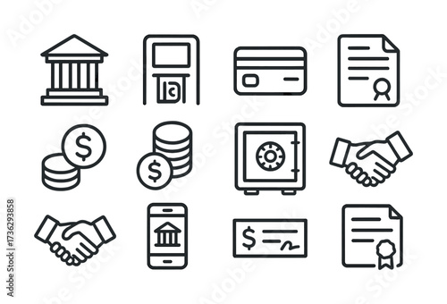 Financial icons set featuring bank, atm, credit card, handshake, coins, safe, contract, and check