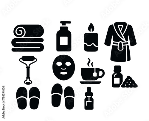 Spa essentials icons: robe, mask, candle, slippers, bottle, roller, cup