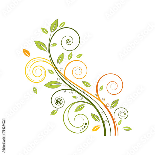 Colorful ornamental swirl with green leaves vector decorative floral design