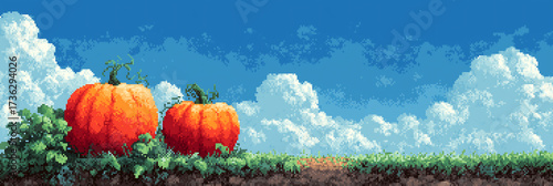 Pixel art pumpkins field under blue sky and clouds for halloween season