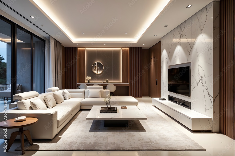 Fototapeta premium Modern living room with white sofa, coffee table, and large window.