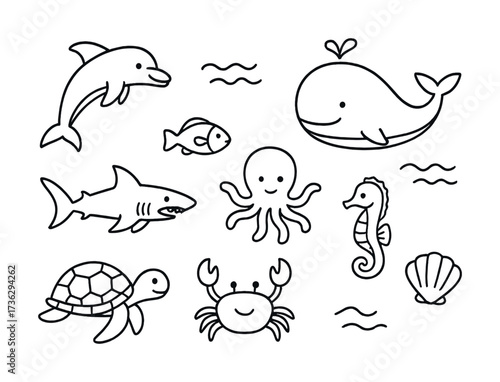 Cute cartoon ocean animals: dolphin, whale, shark, fish, octopus, seahorse, turtle