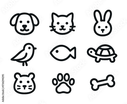 Set of cute animal icons: dog, cat, rabbit, bird, fish, turtle, hamster, paw, bone
