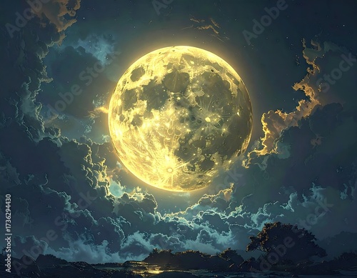 Full Golden Moon with Pixelated Clouds and Night Sky Detailed Pixel Art Landscape with Tree Silhouette and Luminous Celestial Body