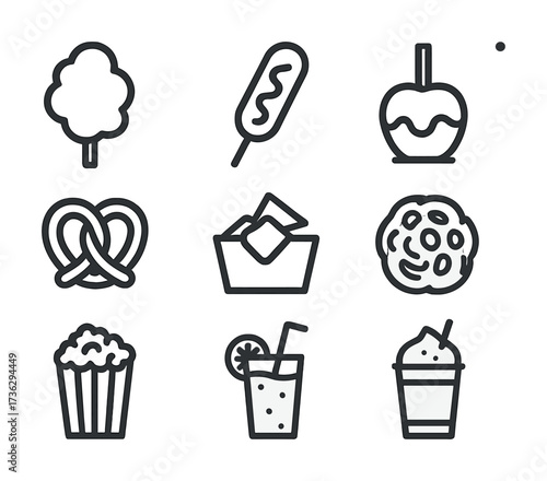 Variety of classic carnival snacks: cotton candy, corn dog, caramel apple, pretzel, nachos, doughnut, popcorn, lemonade, slushie