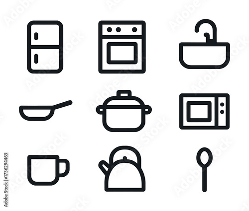 Minimalist kitchen appliance icons: refrigerator, oven, sink, pan, pot, microwave, mug, kettle, spoon