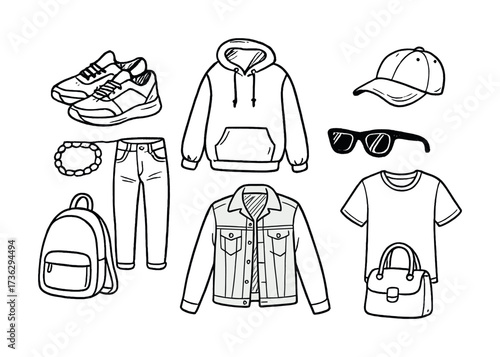 Casual fashion items: hoodie, sneakers, jeans, accessories, and more illustrated on white background
