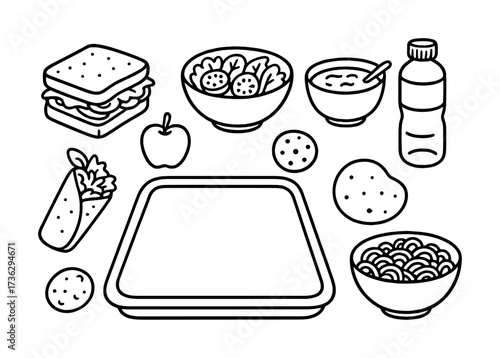 Outline food tray with sandwich, fruit, soup, bottled water, and snacks