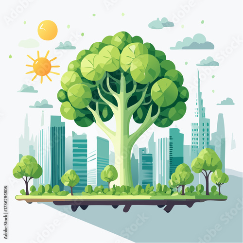 Sustainable city skyline with lush green tree and vibrant sun, representing eco-friendly urban development and ecological balance