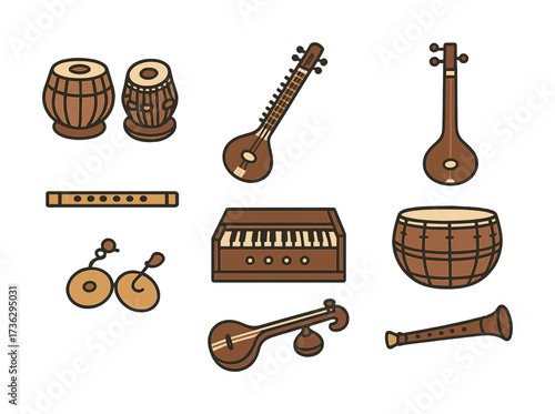 Collection of traditional indian musical instruments: tabla, sitar, harmonium, shehnai