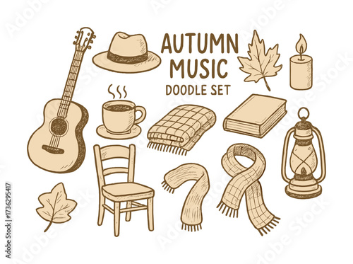 Autumn music doodle set: guitar, leaves, candle, plaid, and cozy elements