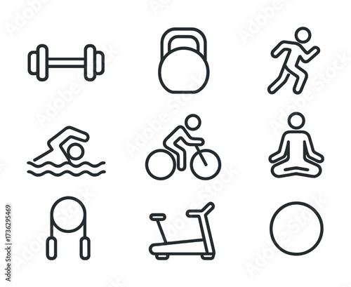 Fitness activity icons: dumbbell, kettlebell, running, swimming, cycling, yoga, rings, treadmill, pilates