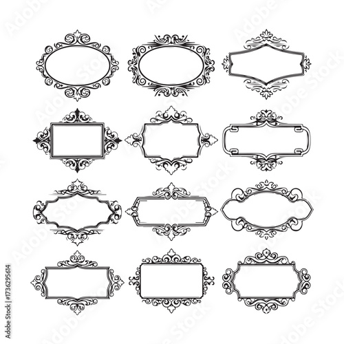 Large set vector black silhouette frame cartouches badges silhouette vector