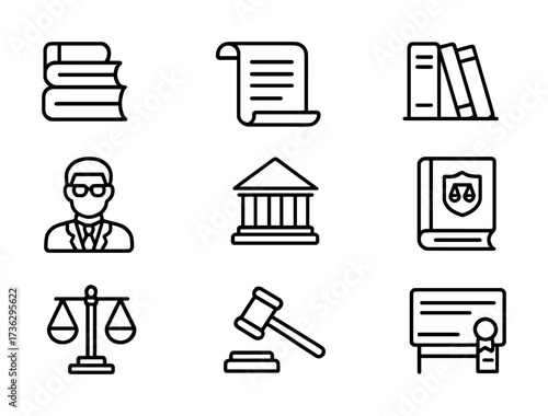 Legal icons set featuring symbols of law, justice, and education