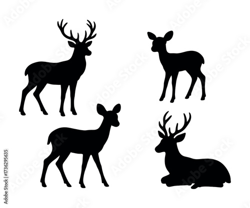 Silhouettes of deer: standing and resting with antlers and fawns
