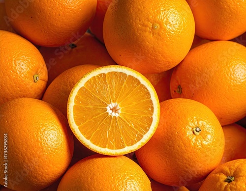 Fresh Oranges Close Up with One Slice in Center Bright Vibrant Colors Full Frame