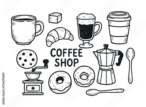 Coffee shop elements with mug, croissant, doughnuts, coffee grinder, and espresso maker in black and white