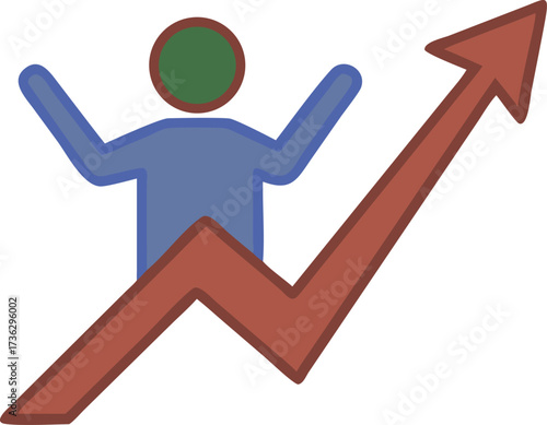 Business success and growth with upward moving arrow and happy employee