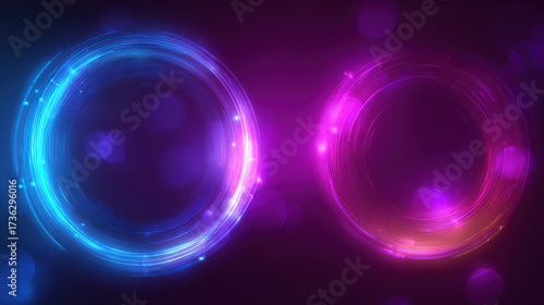 Glowing neon circles, one blue and one pink, float against a dark purple background