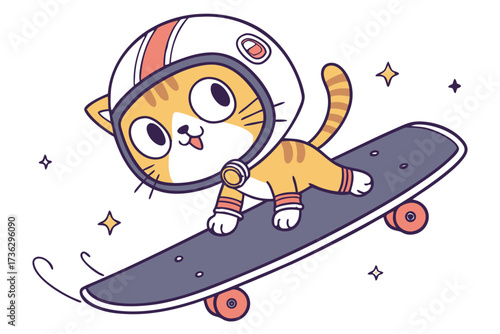 Cute cartoon cat wearing helmet riding a skateboard