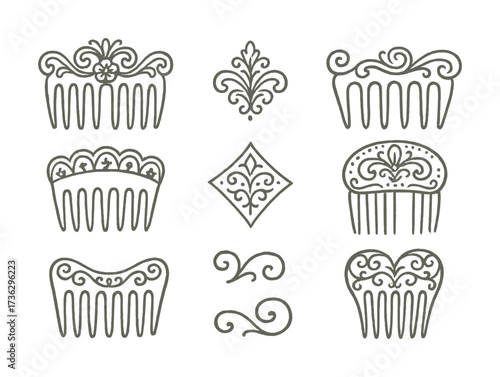 Ornate vintage hair comb collection with decorative elements