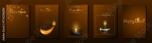 Happy Diwali Festival of Lights India Celebration set template. Vertical banners design of Indian Diya Oil Lamps, Modern Design in gold color. Vector luxury festive background
