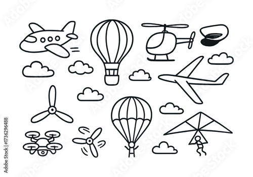 Collection of airborne vehicles: airplane, helicopter, hot air balloon, drone, hang glider