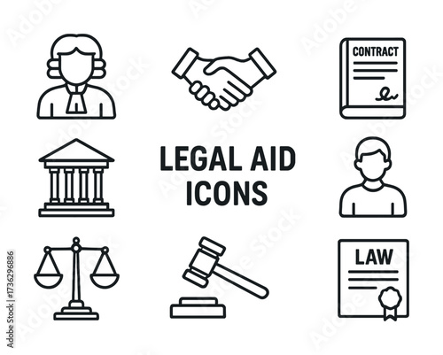 Legal aid icon set featuring justice symbols and law elements in line art style