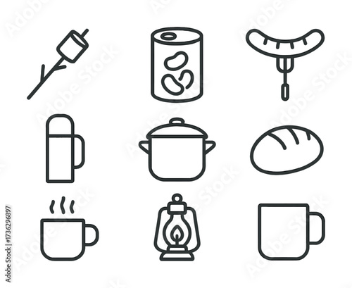 Camping essentials icons: sausage, lantern, thermos, mug, beans, bread, pot, marshmallow