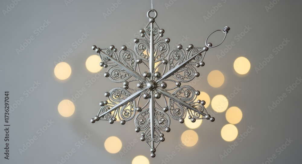 Obraz premium Elegant silver snowflake ornament sparkles with festive bokeh lights creating a magical winter holiday atmosphere