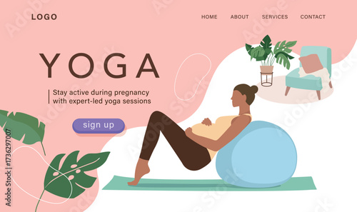 Modern Prenatal Yoga Website Layout with Expecting Mom and Fitness Ball
