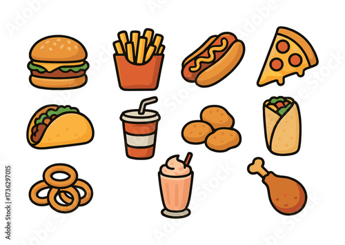 Collection of popular fast food items: burger, fries, hot dog, pizza, taco, and more