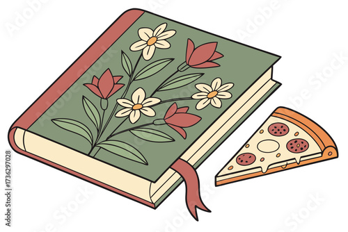 Book with floral cover and a slice of pepperoni pizza