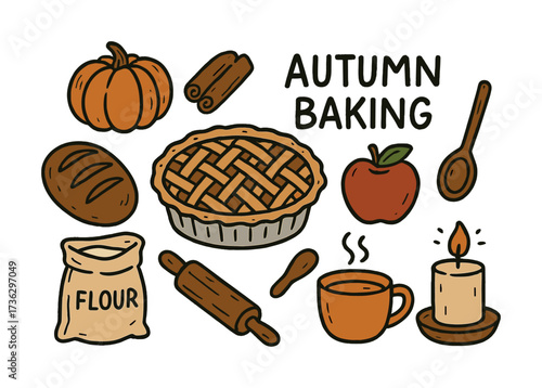 Autumn baking essentials: pumpkin, pie, and cozy kitchen elements