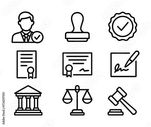Legal icons set: certificate, gavel, court symbols, scales of justice, stamp approval