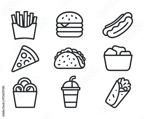 Icon set of popular fast food: fries, burger, hot dog, pizza, taco, nachos, pretzels, drink, wrap