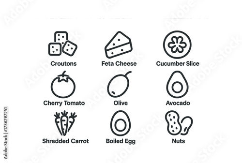 Icon set of salad ingredients: croutons, cheese, vegetables, eggs, nuts