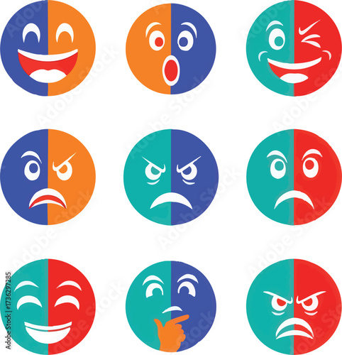 A set of nine circular emoticons, each split into two contrasting colors, displaying a variety of human emotions.